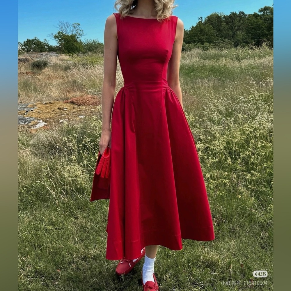 Helsa Stretch Cotton Sateen Midi Dress in Red - Picture 2 of 5